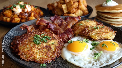 Fried eggs, crispy bacon, fluffy pancakes, and potato latkes are presented for a hearty morning meal, with attention on a specific part.