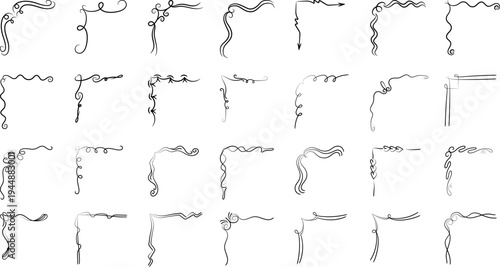 Set of hand-drawn vector doodle corners. Elegant vintage swirling borders and decorative frame elements for wedding invitations and greeting cards.