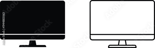 Monitor screen icons black and white isolated on transparent background, Vector