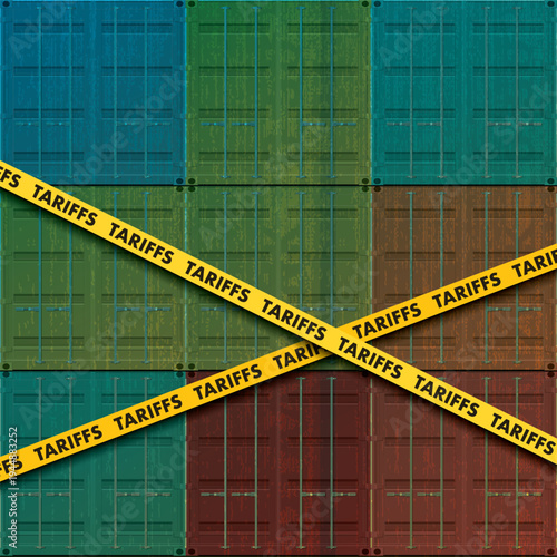Shipping containers vivid colors stacked square background with ink stains from risograph defect printing blocked by tariffs symbolized warning tape
