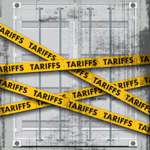 Shipping containers front view square background with ink stains from risograph defect printing blocked by tariffs symbolized warning tape