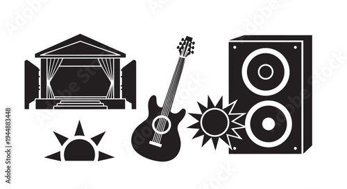 Black and white icons of music festival elements including stage, guitar, and speaker