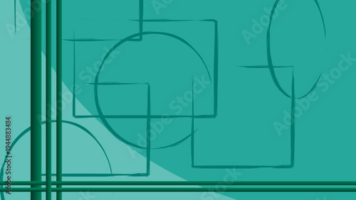 Abstract Green Teal Background with Geometric Outlines and Brush Strokes