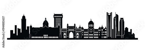 Mumbai skyline vector black silhouette. Amazing India cityscape illustration featuring famous historical landmarks, Gateway of India, Taj hotel and modern urban skyscrapers art.