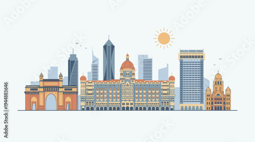 Mumbai skyline vector colorful flat illustration with famous city landmarks. Beautiful India urban landscape architecture featuring Gateway of India and modern skyscrapers design.