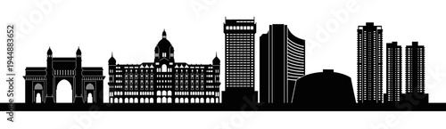 Vector Mumbai skyline black and white silhouette design. Panoramic India cityscape illustration showing famous historic monuments, modern towers, and urban architecture.