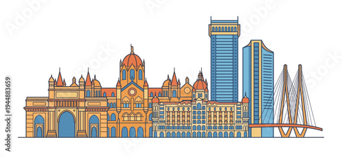 Mumbai skyline vector colorful line art illustration. Bright India city landscape featuring Gateway of India, Sea Link bridge, and historic architecture isolated on white.