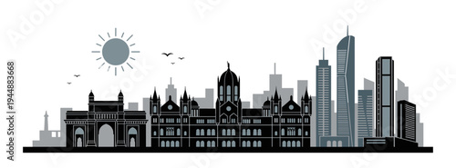 Mumbai skyline vector grey illustration with sun and birds. Detailed India cityscape with historical landmarks, Gateway of India, and modern skyscrapers isolated on white.