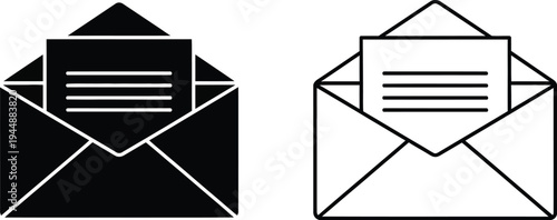 Black and white envelopes with lines isolated on transparent background, Vector