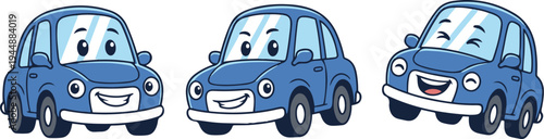 Cute blue cartoon car character set with happy facial expressions in different poses.