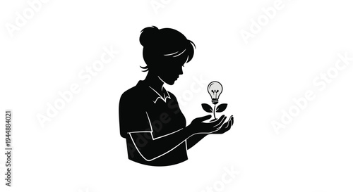 woman holding plant with lightbulb idea ecology concept
