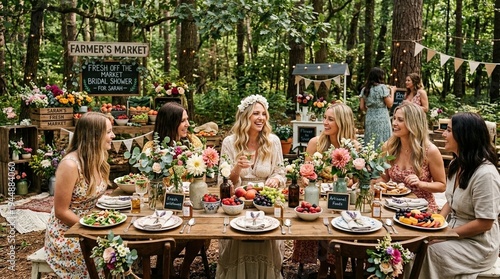 Outdoor bridal shower at a rustic farmers market table in a forest setting, friends share food and flowers, warm joyful celebration mood