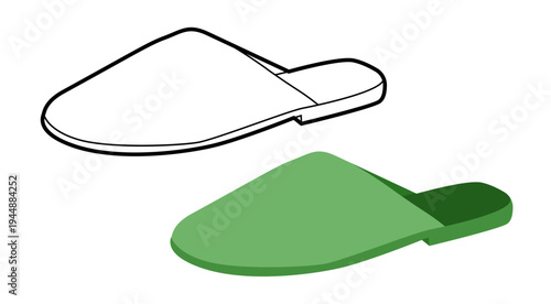 Green slide slipper shoe women flat plus line set. Closed toe house sandal for lifestyle blog branding project. Technical fashion illustration CAD mockup mixed vector man unisex isolated stylish style
