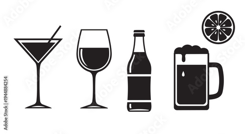 Black and white icons of various alcoholic beverages and a bottle