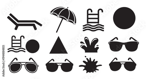 Summer beach icons including lounge chair, umbrella, sunglasses, pool