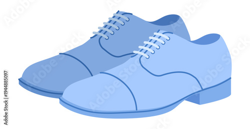 Derby mens lace up blue flat pair. Open lacing leather footwear versatile smart casual office style. Technical illustration CAD mockup sketch vector outline isolated on white background.