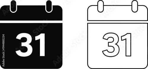 Calendar icons with date 31 isolated on transparent background, Vector