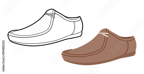Brown mule shoe women flat plus line set. Rounded toe slip on footwear lifestyle branding cozy project. Technical fashion illustration CAD mockup mixed vector man unisex isolated stylish style