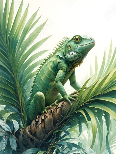 A digital watercolour painting of a green Iguana in a palm tree.