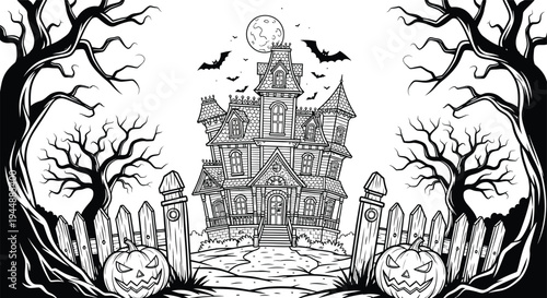 Spooky haunted castle in a graveyard at night with bats flying