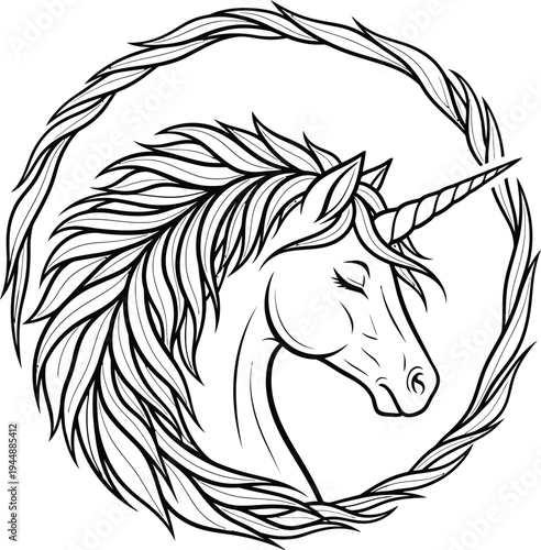 Majestic unicorn portrait in oval wreath