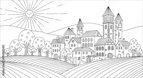 A serene medieval town under a radiant sun