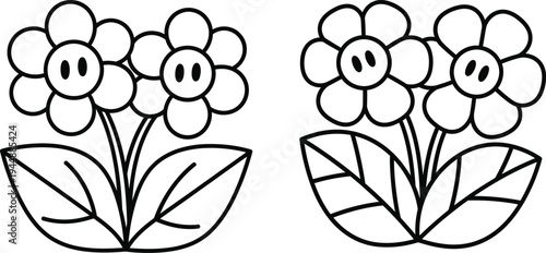 A black and white illustration of two smiling flowers in pots