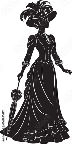 Elegant Victorian Lady Silhouette Vector Illustration with Feathered Hat and Parasol in Black and White