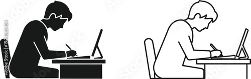 Two people working on laptops side by side isolated on transparent background, Vector