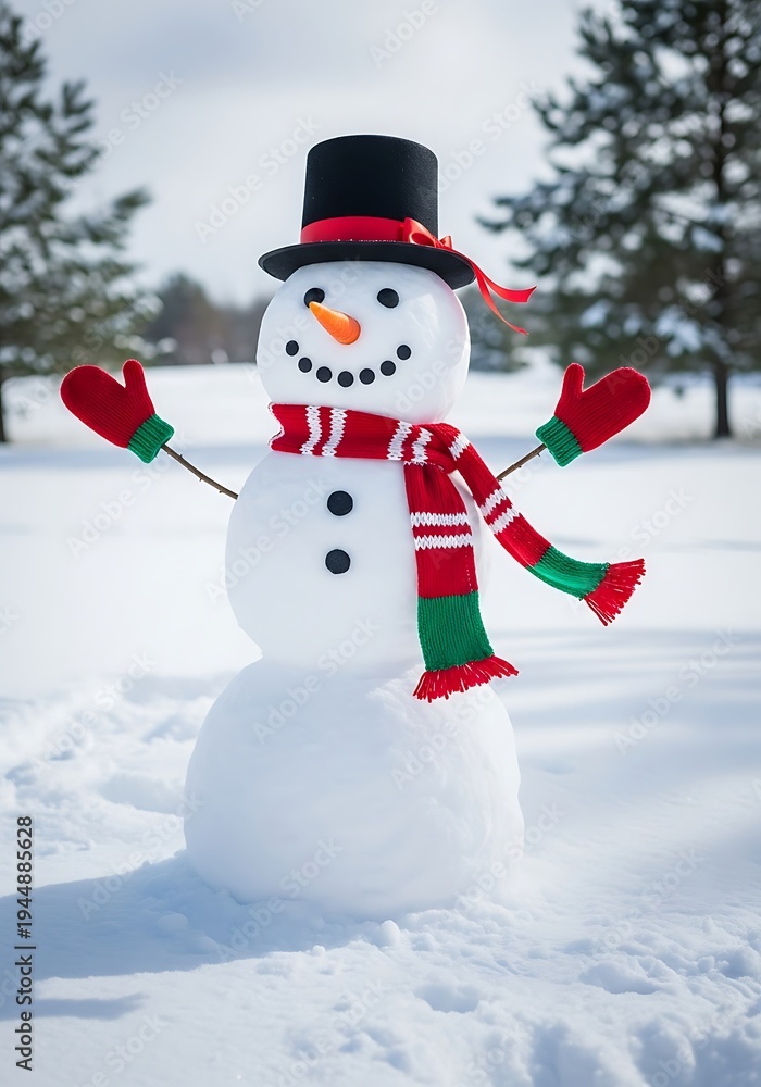 Obraz premium Festive Snowman with Hat and Scarf in Winter Landscape.