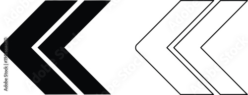 Set of 2 Double Chevron Left Arrow Icons Vector - Filled Black and Outline White for Navigation and UI Design