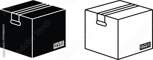 Black and white boxes with handles and labels isolated on transparent background, Vector