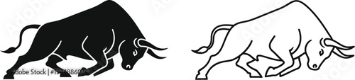 Black and white bulls facing each other in a confrontational stance isolated on transparent background, Vector