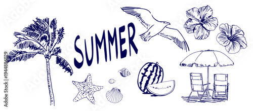 Hand Drawn Summer Beach Set Vector Illustration