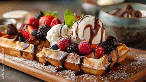 Sweet Belgian waffles, topped with berries, ice cream, and chocolate, sat on a wooden table.