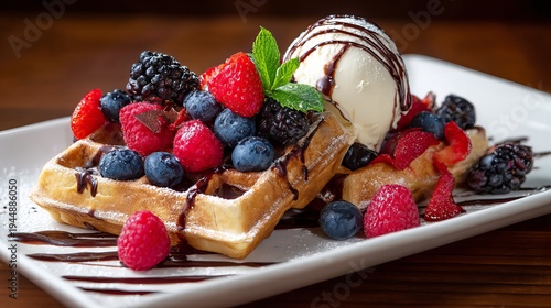 Sweet Belgian waffles, topped with berries, ice cream, and chocolate, sat on a wooden table.