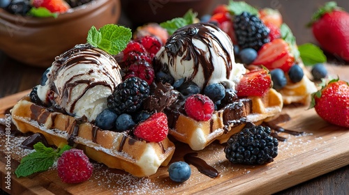 Sweet Belgian waffles, topped with berries, ice cream, and chocolate, sat on a wooden table.