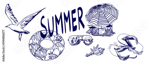 Hand Drawn Summer Beach Set Vector Illustration