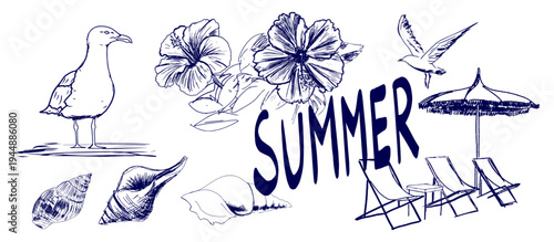 Hand Drawn Summer Beach Set Vector Illustration