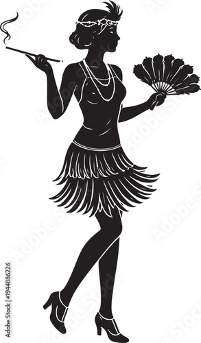 Elegant 1920s Flapper Girl Silhouette Vector with Cigarette Holder and Fan for Retro Design