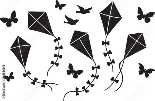 Set of 4 black silhouette kites, butterflies, and birds vector illustrations for spring and summer designs