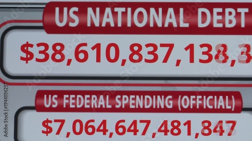 Running Total Display Showing Current United States Gross National Debt. USA National Debt Counter, Increasing Number of Unprecedented State Debt of United States of America, Close-up Footage.