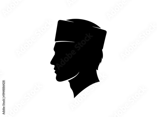 A clean black vector silhouette of a man in profile wearing a traditional Malay or Indonesian peci cap, ideal for cultural or religious icons and symbols.