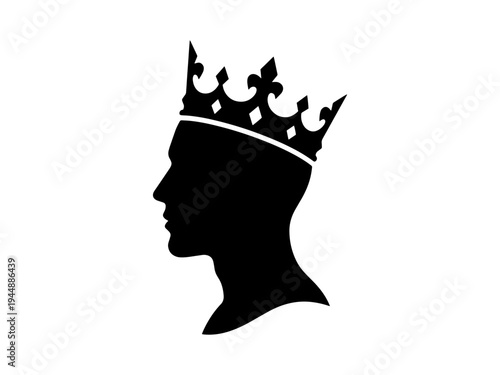 A high-contrast black vector silhouette of a man's head in profile wearing a majestic crown, isolated on a white background.