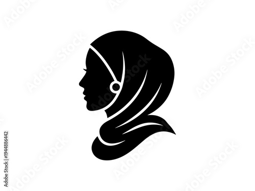 Minimalist black and white silhouette icon of a woman in profile wearing a traditional hijab headscarf, representing modest fashion and diversity.