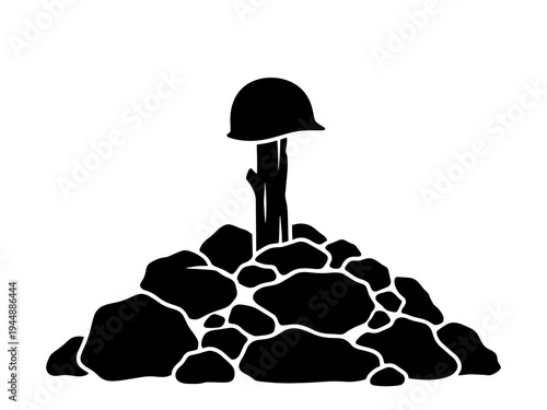 A black and white silhouette illustration of a war memorial featuring a military helmet placed on a wooden post atop a pile of rocks, symbolizing a fallen soldier and battlefield sacrifice.