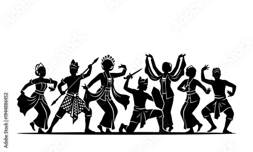 Black and white silhouette collection of traditional Indonesian dancers in authentic costumes, featuring warrior and graceful performance poses for cultural projects.