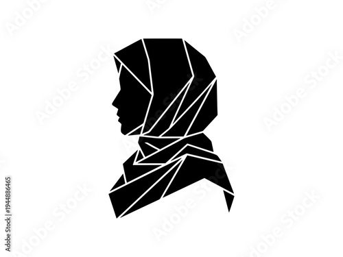 A modern, minimalist black silhouette of a woman in a headscarf with geometric line details, representing modest fashion and Islamic culture.