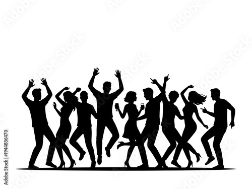 A commercial vector illustration featuring black silhouettes of diverse people dancing energetically at a party or music festival against a white background.