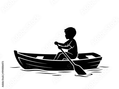 Minimalist black silhouette illustration of a young boy rowing a wooden boat, symbolizing childhood adventure, summer activities, and peaceful solitude on the water.